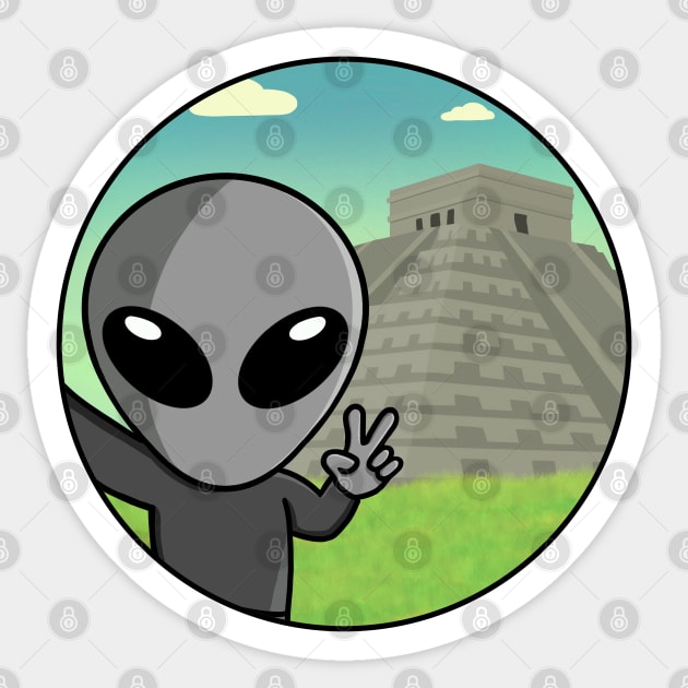 Gray Space Alien Selfie Chichen Itza Sticker by SpaceAlienTees